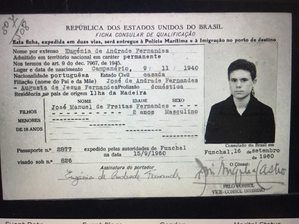 Ficha de Consular de Qualificação de Eugénia Fernandes, 1960